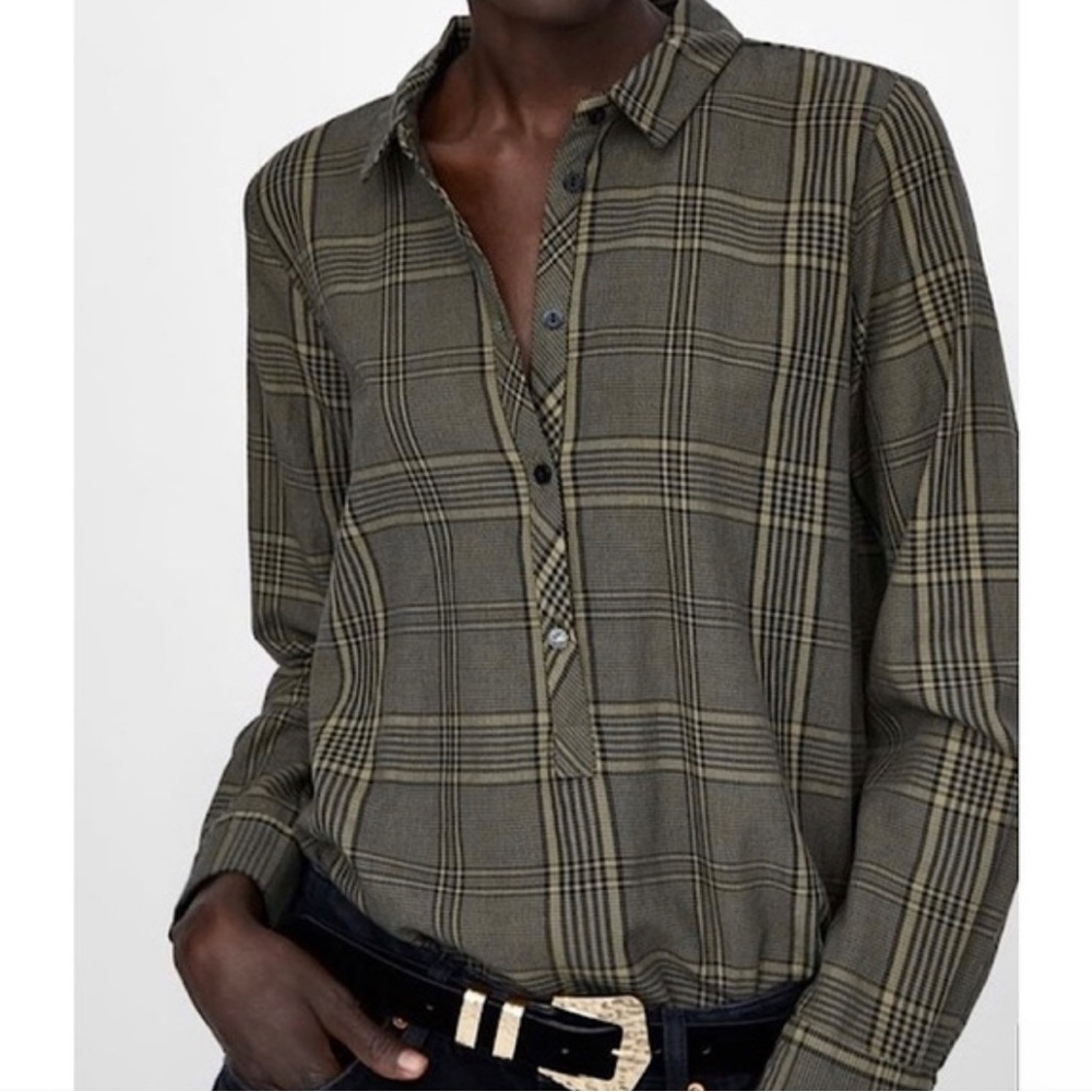 Zara Woman Black and Tan Plaid Shirt with Jewel Button